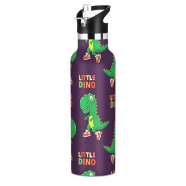 Imagem de Joisal Garrafa de água infantil isolada de 590 ml com tampa de palha, bonito dinossauro verde desenho animado preto garrafas de água escolar de aço inoxidável com alça, copo de viagem à prova de