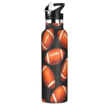 Imagem de Joisal Garrafa de água isolada de aço inoxidável de 590 ml com tampa de canudo para bebidas frias ou quentes, lindas bolas de futebol americano pretas à prova de vazamento, copo de viagem para meninos