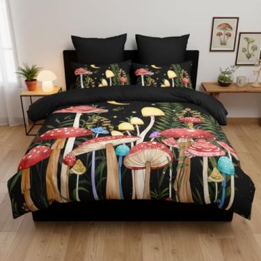 Imagem de CCoutueChen Conjunto de cama queen com cogumelo, preto e vermelho, boêmio, hippie, para decoração de quarto de mulheres adultas, 3 peças, microfibra macia, edredom com 2 fronhas/221 x 239 cm