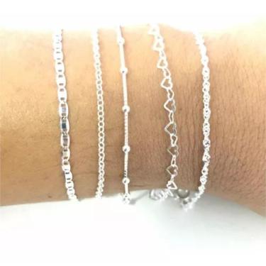 Imagem de Conjunto 5 Pulseira Prata 925 Laminada Torcida Bolinha - La&Ny Pratas,