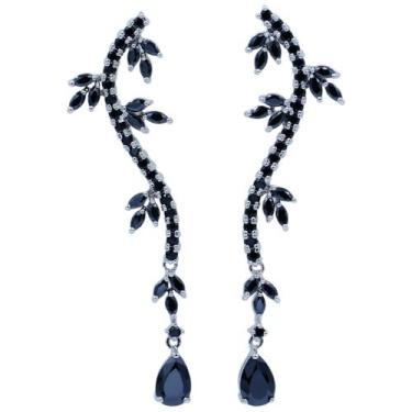 Imagem de Brinco Zircônia Folhas e Gota Semijoia Akasaki BC2929, Prateado, Preto