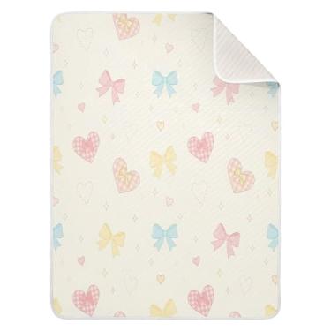 Imagem de Wassud Cobertor de bebê com laços de coração pastel para meninos e meninas, cobertor aconchegante de algodão essencial para recém-nascidos, para berçário, viagem, berço, carrinho de bebê, 76 x 101 cm