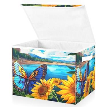 Imagem de Blueangle Cestos de armazenamento de borboleta de girassol com tampas, 42 x 32 x 30 cm, grande cesta organizadora dobrável para decoração de casa e escritório (307)