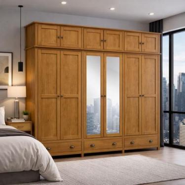 Imagem de Guarda Roupa Madeira Maciça Pinus Bipartido 12 Portas Com Espelhos - L