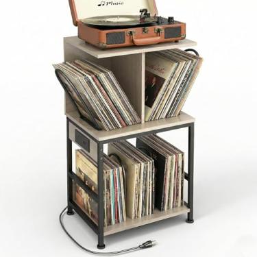 Imagem de ZEXVIDA Suporte para toca-discos com armazenamento de vinil, grande mesa para gravar 180 álbuns, suporte de armazenamento de discos de vinil com carregador USB, mesa lateral multifuncional e