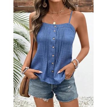 Imagem de Blusa feminina azul jeans com alças finas e botões frontais Peplum, Azul, Large