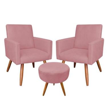 Imagem de Kit 02 Poltronas com 01 Puff Larissa Suede Pés Palito Castanho D'Rossi