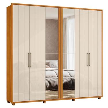 Imagem de Guarda Roupa Casal Miró Ripado 6 Portas 4 Gavetas MDF Cinamomo-Off White com Espelho Madetec
