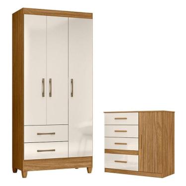 Imagem de Guarda Roupa Solteiro e Cômoda Lima Vênus 3 Portas 2 Gavetas MDP com Prateleiras Cabideiro Pés Freijó Off White