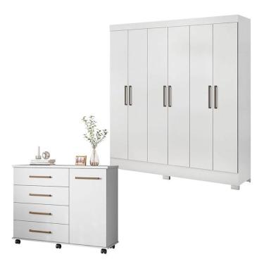 Imagem de Cômoda e Guarda Roupa Casal Flora Prático 7 Portas 7 Gavetas em MDP com Corrediças Tele...