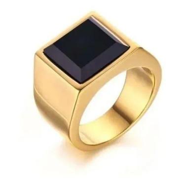Imagem de Anel Comendador Masculino Cor Dourado Titânio Pedra Onix - REALIZA SON