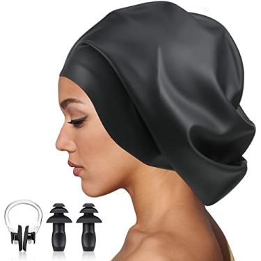 Imagem de Touca de banho de silicone de 32 x 29 cm para mulheres homens extra grande boné de natação à prova d'água chapéu de banho com plugue de orelha e clipe de nariz para tranças de cabelo comprido, extensões de dreadlocks, preto e G