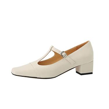Imagem de TinaCus Sapato feminino de bico quadrado feito à mão com tira em T de couro legítimo, salto baixo grosso, vintage, Bege, 38