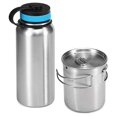 Imagem de Domary Chaleira, Garrafa de água 1000 ml de aço inoxidável com isolamento a vácuo com copo de água 700 ml pote suspenso para acampamento de sobrevivência ao ar livre caminhada mochila