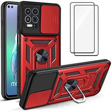 Imagem de Capa para Motorola Moto G100 Capinha | com 2 protetores de tela temperados, janela deslizante de proteção da câmera integrada e suporte para telefone - Vermelho