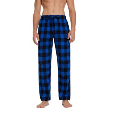 Imagem de Lavenderi Calça de pijama masculina de algodão macio, calça de pijama longa com cordão e bolsos, Xadrez preto azul, G