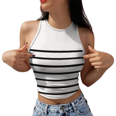 Imagem de PKDong Regata cropped feminina sexy sem mangas, listrada, patchwork, gola única, colete de treino, camisetas femininas, Branco, M
