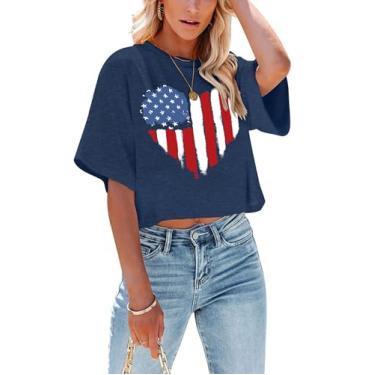 Imagem de Camiseta cropped feminina com bandeira americana EUA camiseta patriótica 4 de julho Memorial Day camiseta feminina cropped tops, Amor - azul-escuro, G