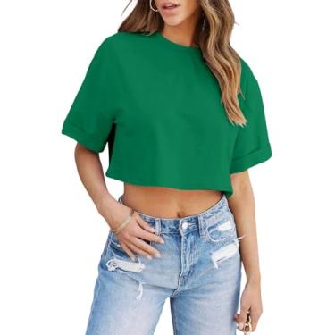 Imagem de Tankaneo Camisetas femininas cropped meia manga ombro caído tops Y2K casual verão básico camisetas, Verde, M