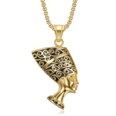 Imagem de CAVIEA Colar com pingente de rainha africana Nefertiti para mulheres e homens, corrente de aço inoxidável prata banhada a ouro egípcio Nefertiti colar legal declaração rapper rocker joias hiphop,