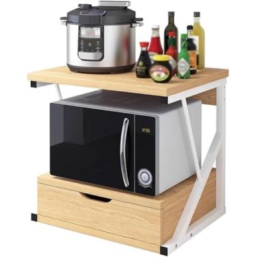 Imagem de Rack de forno de micro-ondas de madeira com gaveta, bancada Suporte de micro-ondas de 2 camadas Prateleira de armazenamento de cozinha Organizador de suporte de armazenamento de escritório d