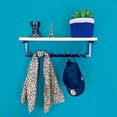 Imagem de Prateleira de Parede de Ferro e Madeira Cabideiro Style 9 Ganchos Natu