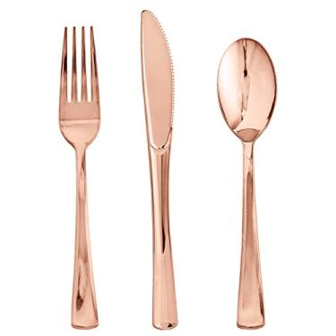 Imagem de FOCUSLINE Conjunto de talheres descartáveis em ouro rosa, 25 garfos, facas, colheres, talheres descartáveis, utensílios de plástico resistentes para catering, festas, jantares, casamentos