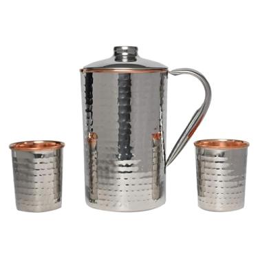 Imagem de Jarra de água de aço inoxidável e cobre puro com 2 copos correspondentes para benefícios de saúde Ayurveda (140 litros) (padrão martelado)