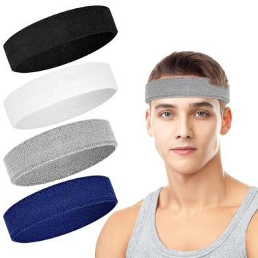 Imagem de Faixa de cabelo esportiva para homens e mulheres – Pacote com 4 faixas esportivas de algodão felpudo com absorção de umidade para tênis, basquete, corrida, academia, malhar (preto/branco/cinza/azul)