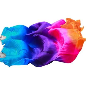 Imagem de Ventoinhas de véu de seda sintética para dança do ventre, 1 par (esquerda + direita) de bambu de seda sintética, leques de dança do ventre feitos à mão, performance de dança (estilo 20, 35,4 x 70,8