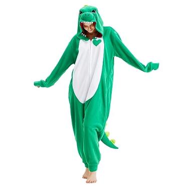 Imagem de globazoe Fantasia unissex animal dragão verde dinossauro Halloween cosplay pijama de Natal para adultos em família, verde, grande
