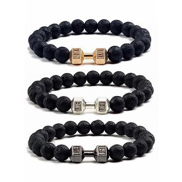 Imagem de Harlermoon Pulseira de ginástica com halteres para homens e mulheres, pedra vulcânica, ajustável, pulseira de contas de pedra natural, fitness, yoga, halteres, joias presentes para homens e mulheres,