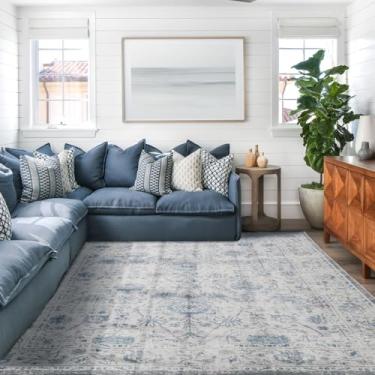 Imagem de LIMON HOME Tapete de área lavável azul claro 15 x 23, tapete grosso floral azul vintage para quarto, sala de estar, sala de jantar, sala de jogos infantil, selva botânica, 6 x 23