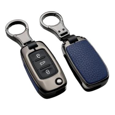 Imagem de ontto Capa para chave Volkswagen Key Fob, capa remota, capa de metal de couro com chaveiro compatível com VW Tiguan Jetta Mk6 Golf Polo Passat Flip Key Azul (1 capa de chave e 1 chaveiro)