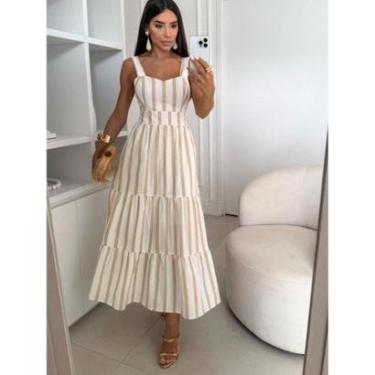 Imagem de Vestido Midi Feminino Manga Regata alça alcinha Viscolinho Listrado Amarracao nas costas-Feminino