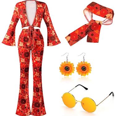Imagem de Foaincore Conjunto de 6 peças de roupa de discoteca dos anos 70 para mulheres, conjunto de fantasia hippie de Halloween, calça rodada, tiara e brinco de óculos de sol, Colorido., P