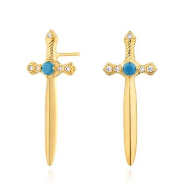 Imagem de BENEIGE Brincos de ouro delicados para mulheres banhados a ouro 14 K argola pendurada cobra olho turco borboleta cruz coração orelha brincos hipoalergênico minimalista joia presente para mulheres, Latão, Zircônia cúbica