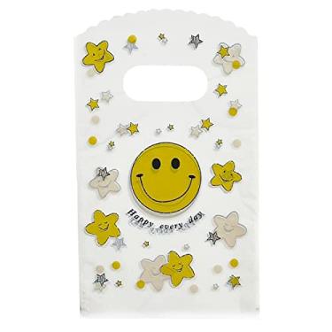 Imagem de Joyhey 100 sacos de plástico pequenos para mercadorias, sacolas de compras, sacolas de varejo, sacolas de presente com alças cortadas - Smile Face (mais padrões disponíveis)