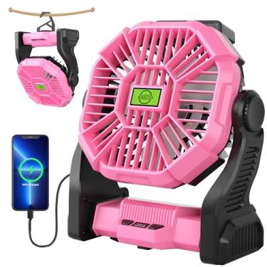 Imagem de TDLOL Ventilador portátil recarregável, ventilador alimentado por bateria, ventilador de acampamento com luzes LED e gancho de 360°, ventilador USB operado por bateria para mulheres, ventilador sem