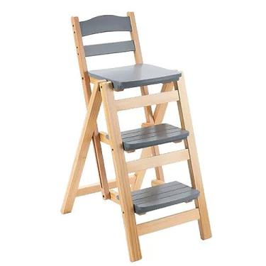 Imagem de Escada dobrável de madeira dobrável para biblioteca, cadeira de balcão, cadeira de bar, banqueta multifuncional leve e portátil 2 em 1, banco de 3 degraus, escadas de dupla finalidade, suporte de