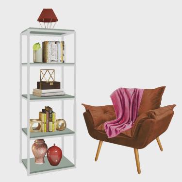 Imagem de Kit Poltrona Fatte com Manta Soft e Estante Livreiro Ferro Branco mdf Verde Oliva Suede Terracota - Ahazzo Móveis
