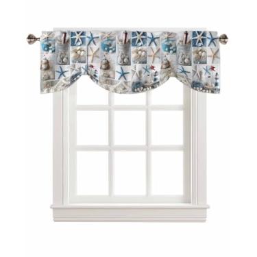 Imagem de Cortinas de amarrar com tema de oceano para janelas, praia costeira, estrela-do-mar, farol de concha, bolso de haste, cortina de amarrar, ajustável, tratamento de janela curta para cozinha, sala de