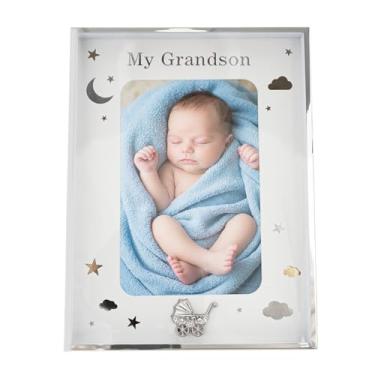 Imagem de Happy Homewares Porta-retrato My Grandson banhado a prata 10 x 15 com estrelas e nuvens de folha dourada e prata | Carrinho de bebê com diamantes transparentes | Parede ou mesa
