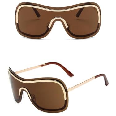 Imagem de JRLLFD Óculos de sol sem aro grandes, feminino, masculino, peça única, viseira, máscara, à prova de vento, grandes tons, uv400 (marrom)
