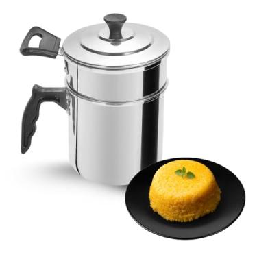 Imagem de Cuscuzeira Individual de Alumínio Polido, 15 cm Altura, 10 cm Diâmetro, com Tampa e Alça, para Cuscuz e Legumes a Vapor