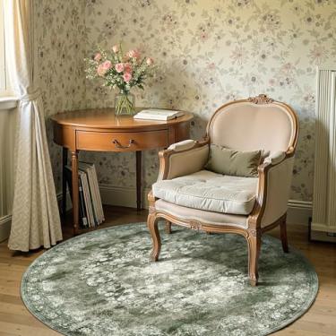 Imagem de jinchan Tapete redondo de 1,5 m - tapete verde vintage cozinha interior - círculo lavável 1,5 m fino estampa floral tapete retrô fazenda antiderrapante sala de jantar sala de estar quarto escritório