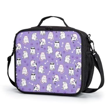 Imagem de Kwlegh Lancheira de gato para meninas e meninos, estampa de animais fofos, lancheira infantil kawaii, roxa, isolada, lancheira reutilizável, lancheira para escola, trabalho, piquenique, viagens