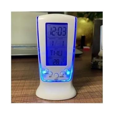 Imagem de Relógio de Mesa Digital com Alarme, Termômetro, Calendário, LED Azul, 12,5 x 6,5 cm, Branco