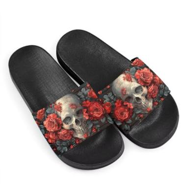 Imagem de Howilath Pantufas deslizantes de verão com estampa de borboleta azul para homens, mulheres e crianças, girassol, colorido, tie-dye animais, chinelos de casa, antiderrapante, leve, Crânio gótico rosa