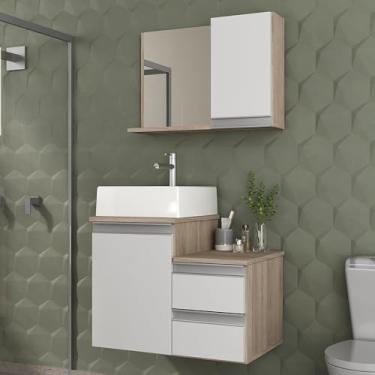 Imagem de Gabinete Banheiro Cross 60cm com Cuba e Espelho (Madeirado/Branco)